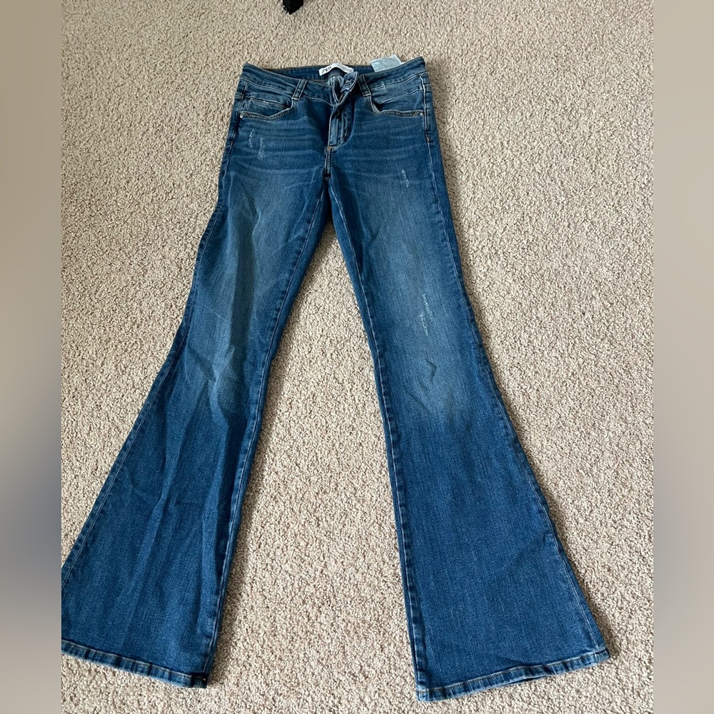 NWT Zara Dark Blue Wide-Leg Flare Jeans